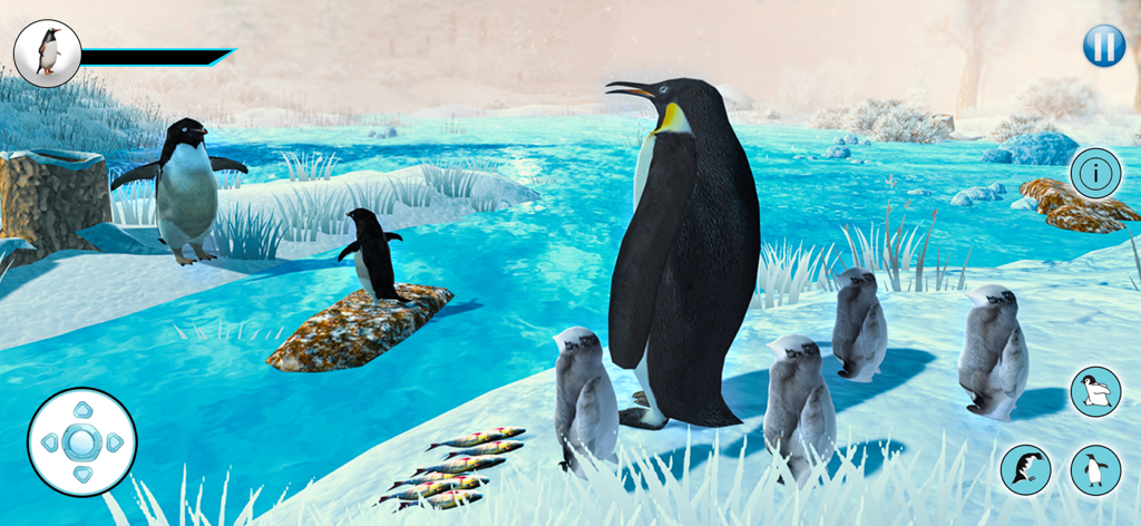 Penguin Family Life Simulator - A group of penguins including chicks and adults in a 3D arctic environment with snow and ice.