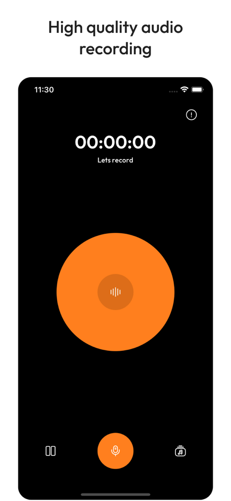 Just Press to Record - Interfaz de la aplicación Just Press to Record con un gran botón naranja de inicio para grabación de audio de alta calidad