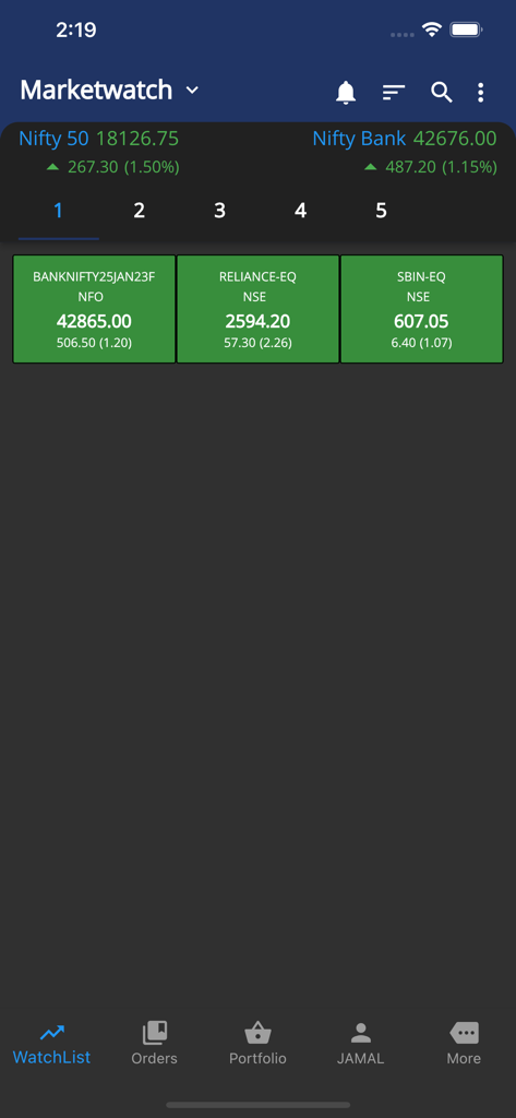 MYNT Zebu - Marketwatch screen of the MYNT Zebu app showing Nifty 50 and Nifty Bank indices along with a stock watchlist.