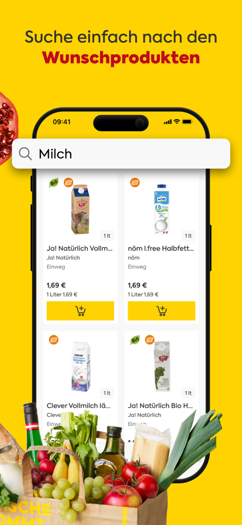 BILLA Mobile App-Oberfläche, die Suchergebnisse für Milchprodukte mit Preisen und Einkaufswagen-Symbolen anzeigt.