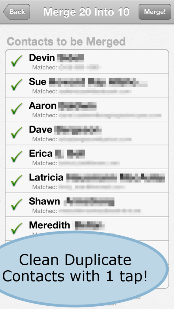Screenshot der ContactClean Pro App, der eine Liste von doppelten Kontakten zeigt, die zum Ein-Tipp-Zusammenführen bereit sind.