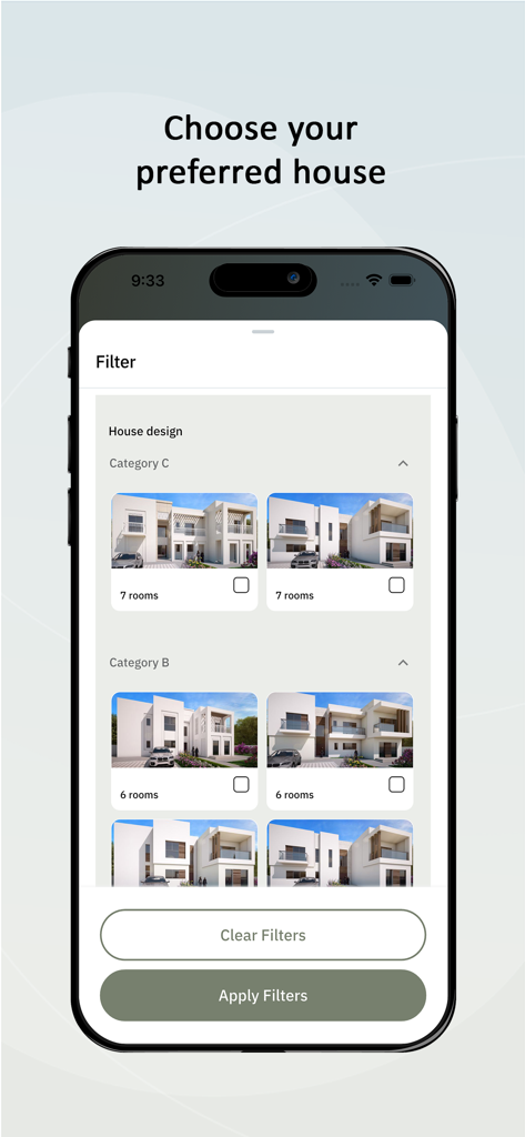 Iskan Abu Dhabi -إسكان أبوظبي - A mobile interface from Iskan Abu Dhabi showing different house designs and room filters
