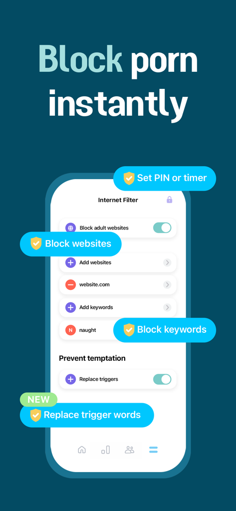 Brainbuddy: Quit Porn Now - Pantalla del filtro de Internet de la aplicación Brainbuddy que muestra opciones para bloquear sitios web para adultos y reemplazar palabras desencadenantes.