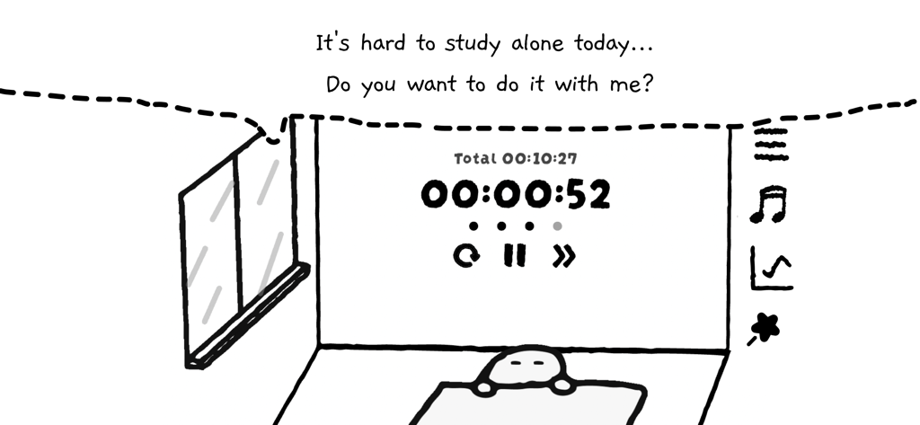 Study Time With Rain: Pomodoro - Cozy hand drawn interface of the Study Time With Rain app featuring a cute ghost character and a countdown timer
