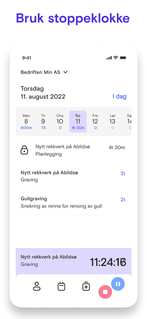 A mobile interface for the Fiken Timeføring app showing an active stopwatch timer for tracking project work hours.