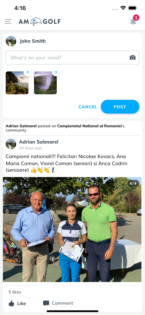 AM Golf - Social media feed in the AM Golf app showing a post about a golf tournament award ceremony.
