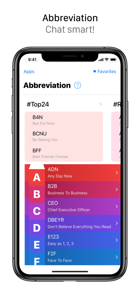 AppBox Pro - Uno screenshot dello strumento di abbreviazione in AppBox Pro che mostra acronimi comuni come BFF e CEO con i loro significati.
