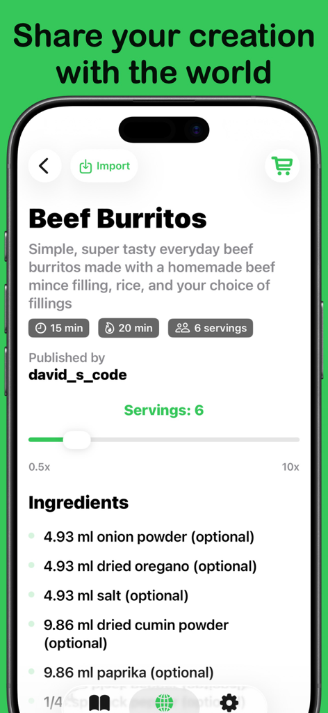 Cook-Book | Ai Powered Recipes - Cook-Book app screen displaying a beef burritos recipe with ingredients and serving size slider.