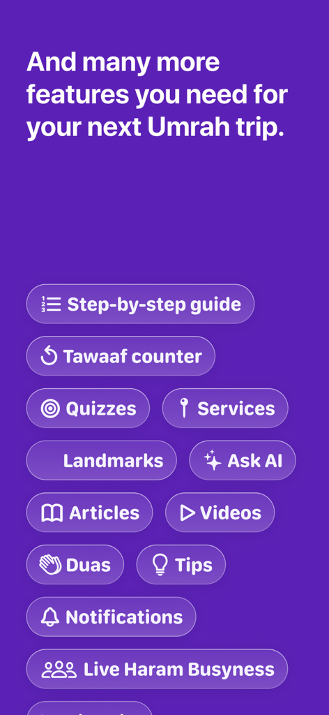 Lista completa de funciones en The Pilgrim App, incluido el contador de Tawaaf y el asistente de IA para preguntar.