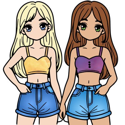 two sisters with crop tops and jean shorts and straight hair