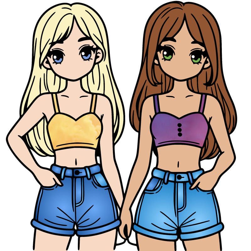 two sisters with crop tops and jean shorts and straight hair