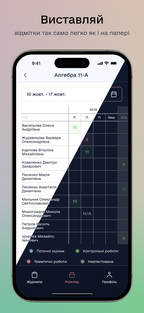 NZ.UA - Електронні журнали - A screenshot of the NZ.UA app displaying an electronic gradebook for a Ukrainian school class featuring student names and grades.