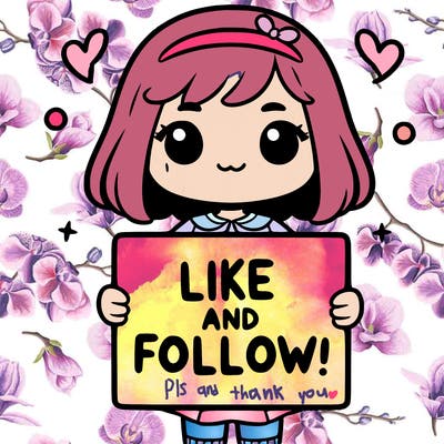 a girl holding a sign that says like and follow!