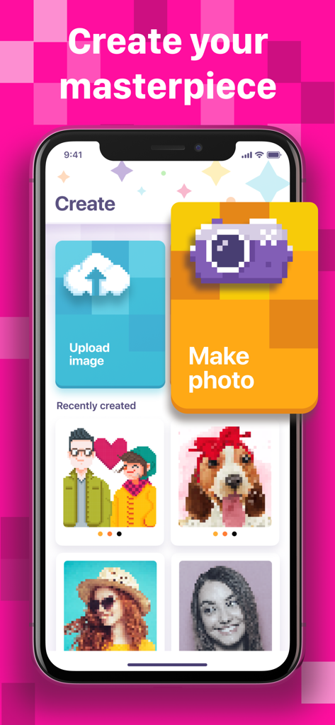 Ein Smartphone-Bildschirm zeigt die Erstellungsfunktion der Malen-nach-Zahlen-App mit Optionen zum Hochladen oder Aufnehmen eines Fotos, um es in Pixelkunst zu verwandeln.