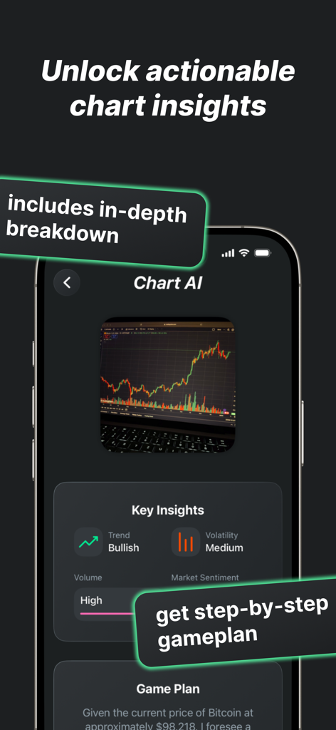 Chart AI - Trading Assistant - Interface de l'application Chart AI montrant des informations de trading exploitables et un plan de jeu étape par étape à partir d'une photo de graphique