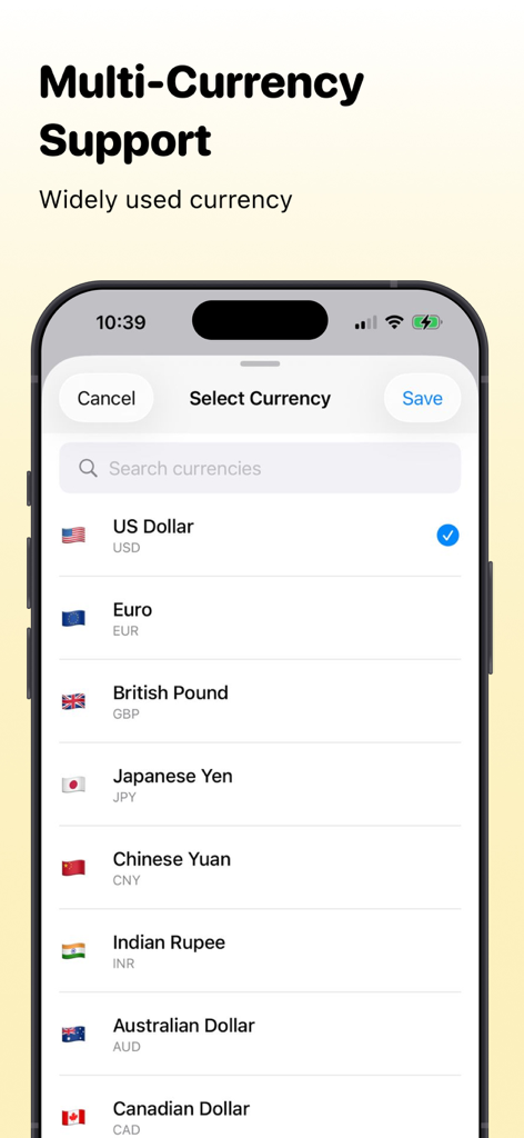 BalanceBee app screen showing multi-currency support with a list of global currencies like US Dollar and Euro