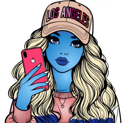 realistic beautiful girl wearing los ángeles cap holding an iphone