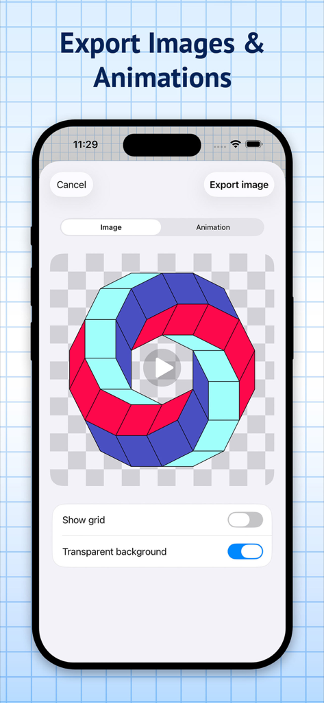 Graph Paper Pro - Pantalla de exportación de Graph Paper Pro mostrando un diseño geométrico colorido con opciones de fondo transparente y visibilidad de la cuadrícula