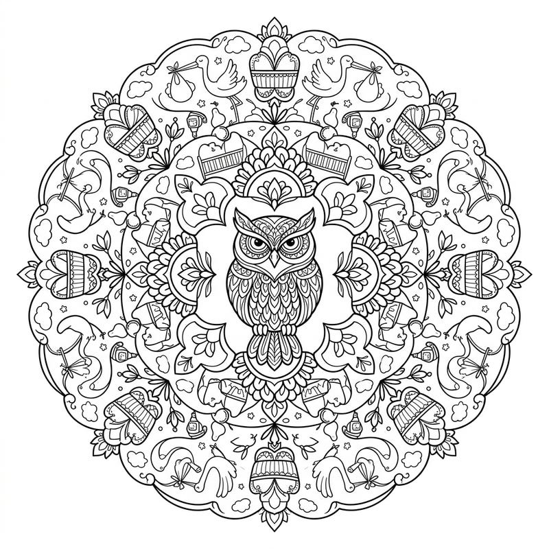 Welcome a new arrival with this unique Owl Mandala Baby Shower coloring page. This delightful design blends the wisdom of an owl with charming baby-themed elements, perfect for celebrating new life.
