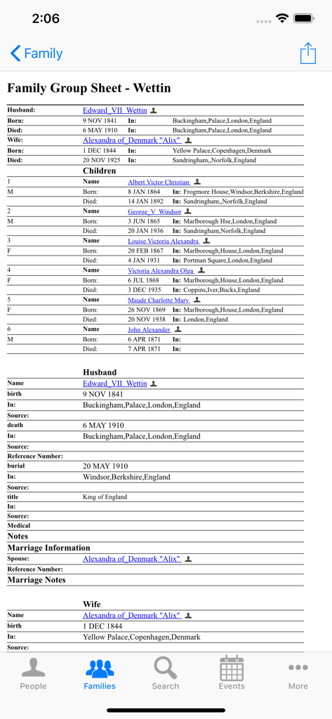 GedView - GedViewアプリの家族グループシート表示。ウェッティン家などの家族の歴史的記録、名前、生年月日が表示されます。
