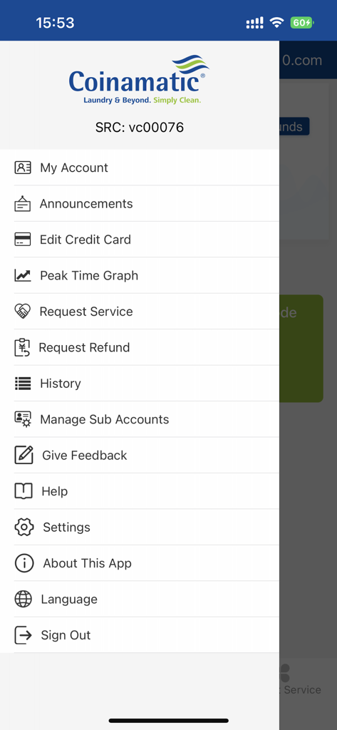 Side navigation menu of the Coinamatic CP Mobile laundry app showing account and settings options.