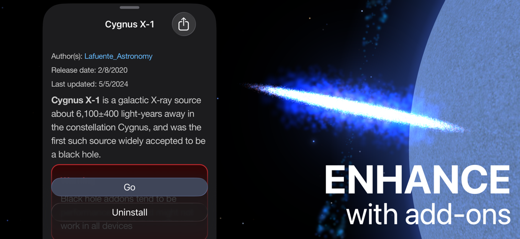 Celestia - Space Simulator - 3D宇宙ビジュアライゼーションと共に、Cygnus X1ブラックホールの追加情報が表示されているCelestiaアプリのインターフェース