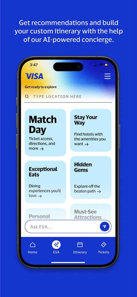 Visa Go - Visa Go app interface showing AI-powered itinerary builder and event recommendations like Match Day and Exceptional Eats.