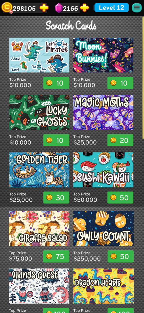 Scratch Cards Lottery Pro - Interface of Scratch Cards Lottery Pro showing various themed virtual scratchers.