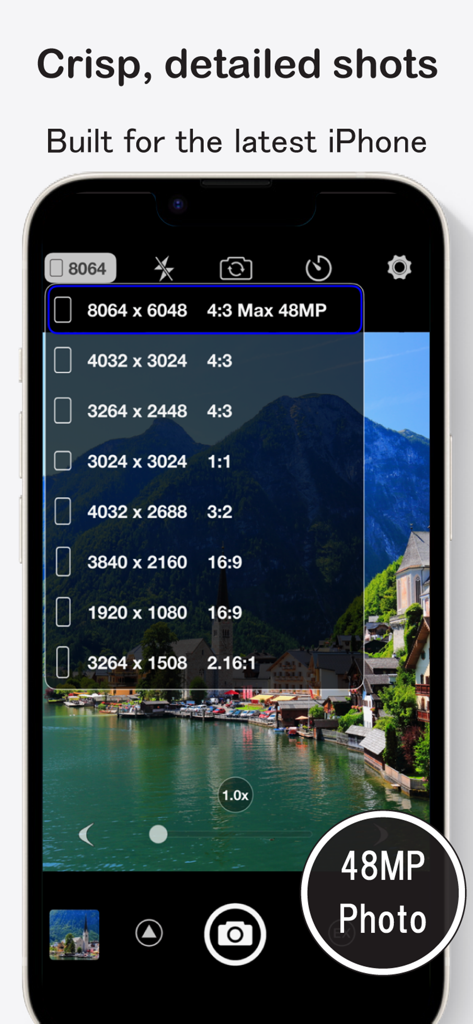 StageCameraHD2 - 48MP with HDR - Interface of StageCameraHD2 app on iPhone displaying various photo resolution and aspect ratio settings with 48MP selected