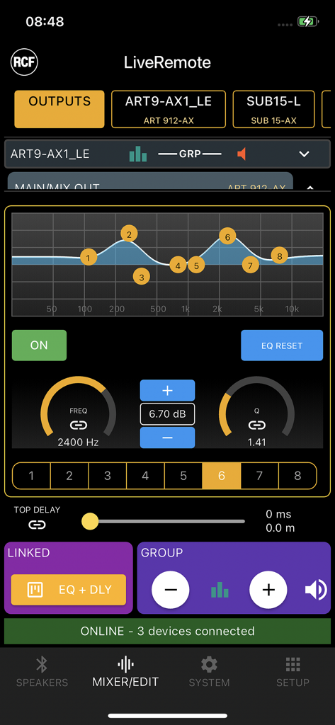 RCF LiveRemote - Interfaz de la aplicación RCF LiveRemote mostrando ajustes de ecualizador paramétrico de 8 bandas para control profesional de altavoces