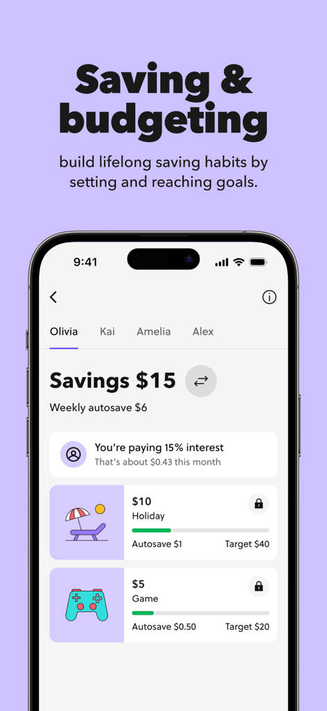 Acorns Early: Kids Money App - Acorns Early app interface showing savings goals for a child named Olivia including a holiday fund and a game purchase fund