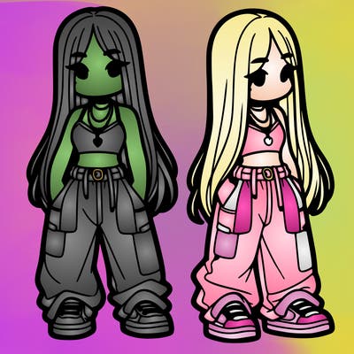 girl in baggy pants crop top and long hair