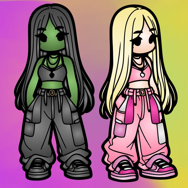 girl in baggy pants crop top and long hair