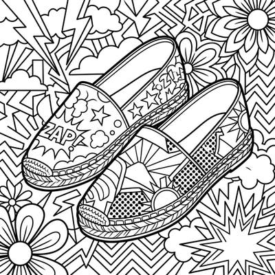 Dive into the vibrant world of Pop Art with this exciting coloring page featuring a pair of stylish espadrilles. Enjoy dynamic lines, bold patterns, and iconic halftone dots, ready for your burst of color.