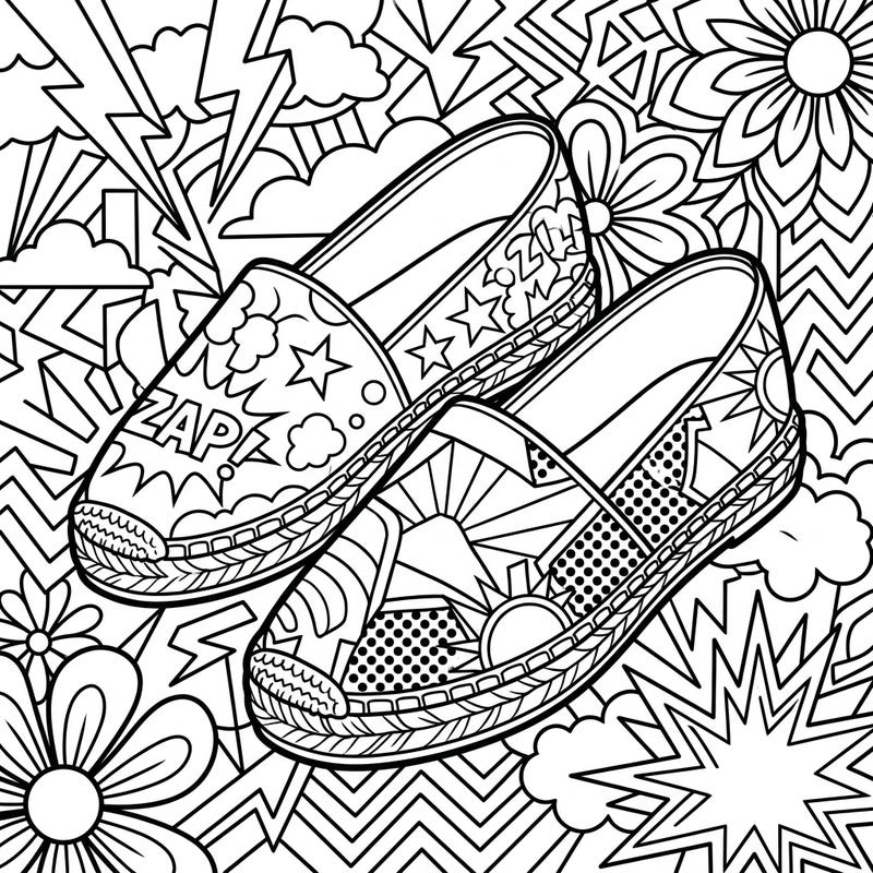 Dive into the vibrant world of Pop Art with this exciting coloring page featuring a pair of stylish espadrilles. Enjoy dynamic lines, bold patterns, and iconic halftone dots, ready for your burst of color.