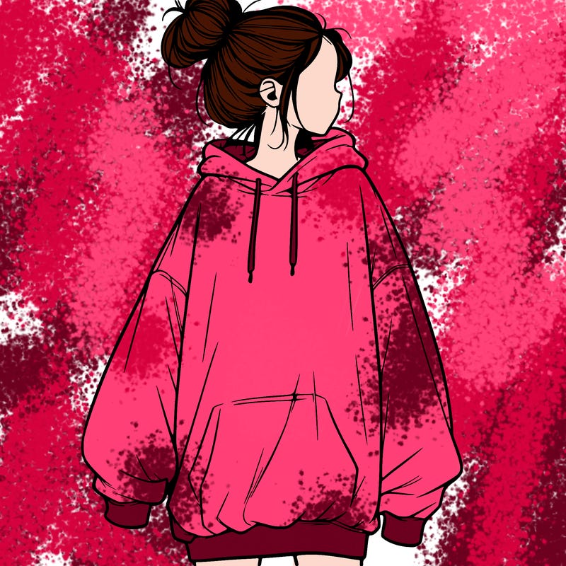realistic girl with a oversized sweatshirt on and a bun