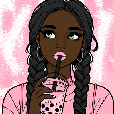 realistic girl with braided hair drinking boba