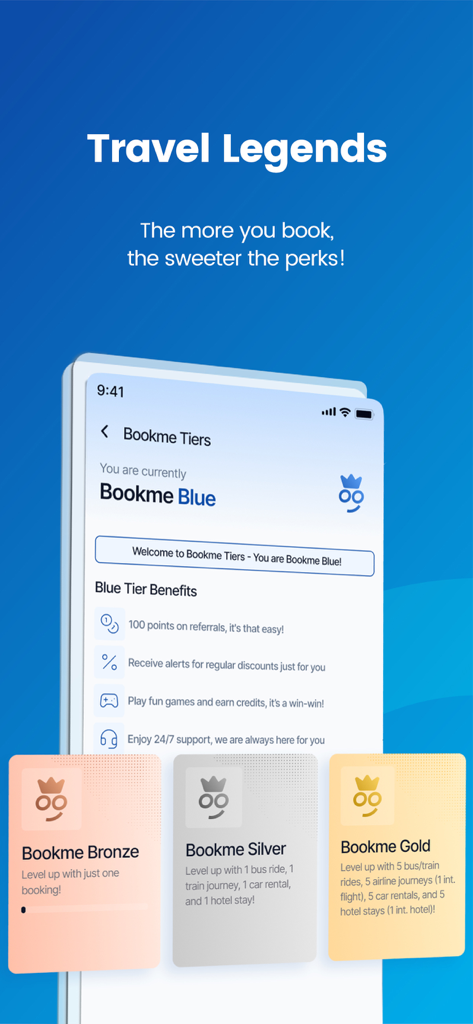 A mobile interface displaying the Bookme Travel Legends loyalty program with different membership tiers like Blue, Bronze, Silver and Gold.