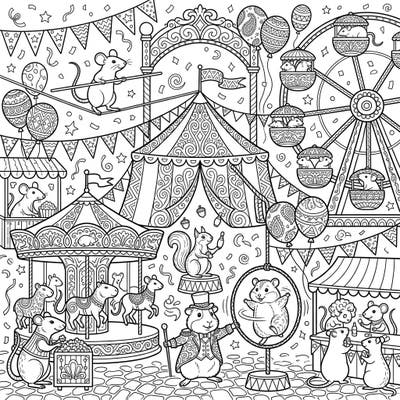 Enter a world of whimsical wonder with this intricate adult coloring page, where adorable rodents take center stage at a lively carnival. Discover a bustling scene filled with circus acts, fairground rides, and charming details waiting for your creative touch.