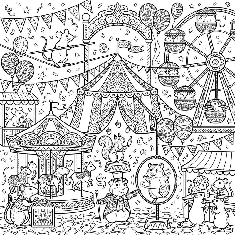 Enter a world of whimsical wonder with this intricate adult coloring page, where adorable rodents take center stage at a lively carnival. Discover a bustling scene filled with circus acts, fairground rides, and charming details waiting for your creative touch.