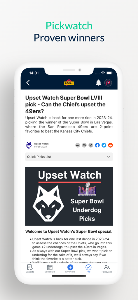 Pickwatch app screen showing expert Super Bowl underdog predictions and game analysis