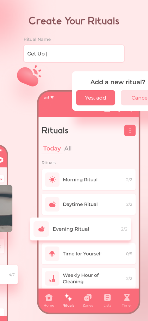 Interface do aplicativo LadyFly exibindo rituais domésticos diários como rotinas matinais e noturnas com uma opção para adicionar novas tarefas.