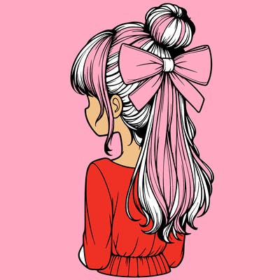 realistic girl  with hip length hair a bun and a big bow on the back of head