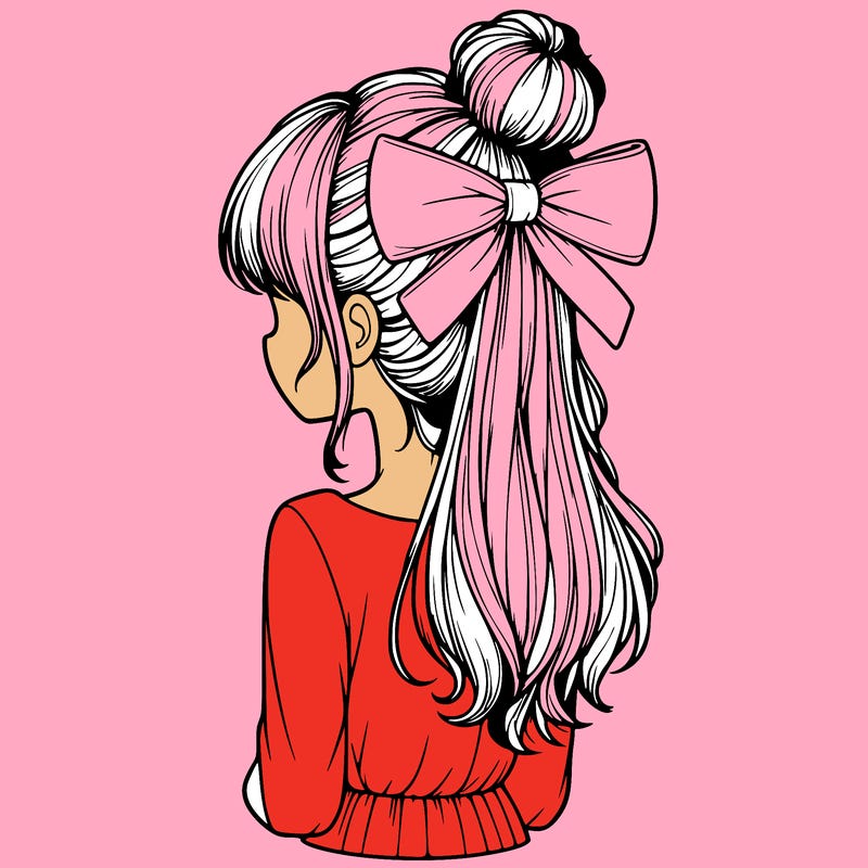 realistic girl  with hip length hair a bun and a big bow on the back of head