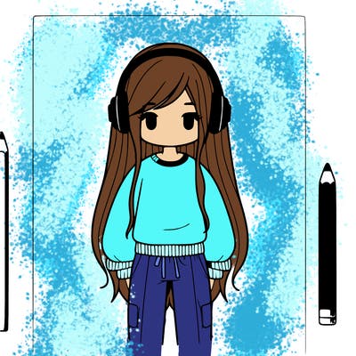 a girl with long hair and long sleeve shirt and pants with headphones