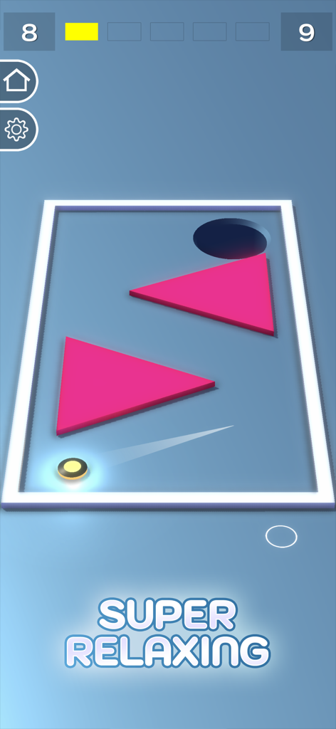 Buca! Fun, Satisfying Game - Jugabilidad de Buca, un relajante juego de puzles de física, mostrando un disco y obstáculos triangulares rosas