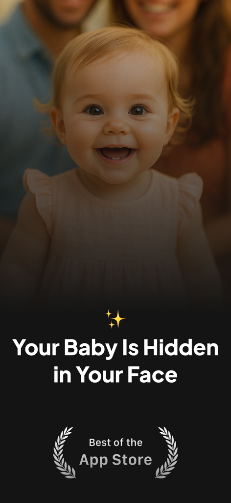 BabyLens: Future Baby Maker - Um bebê sorrindo mostrado na tela inicial do aplicativo BabyLens com o texto Seu Bebê Está Escondido em Seu Rosto.