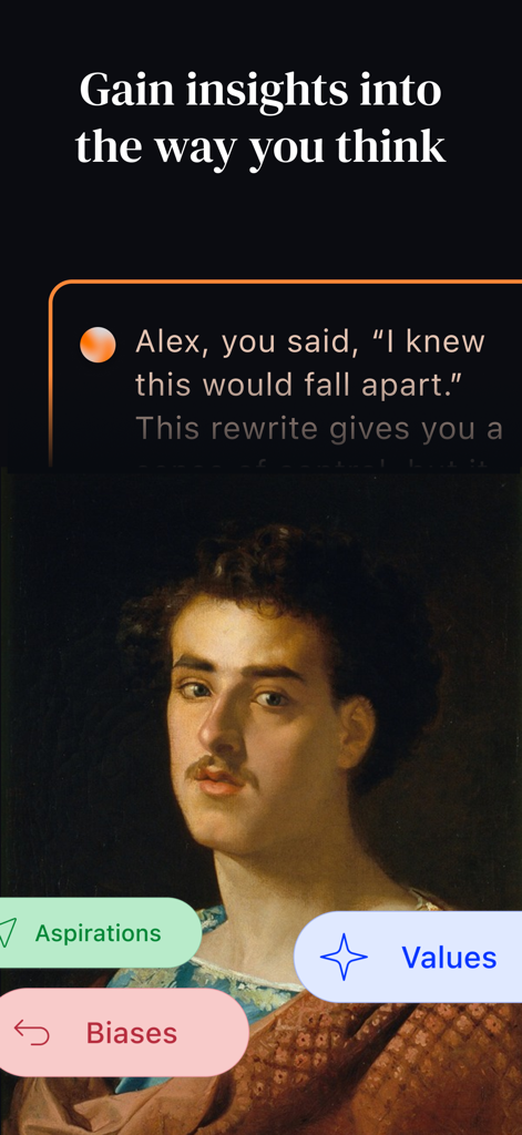 Alter・Daily Philosophy Journal - Interface of the Alter app showing AI-guided insights into thinking patterns with categories for aspirations, values, and biases.