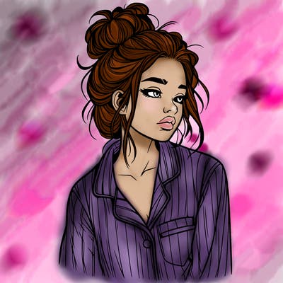 realistic woman with pajamas on and a messy bun