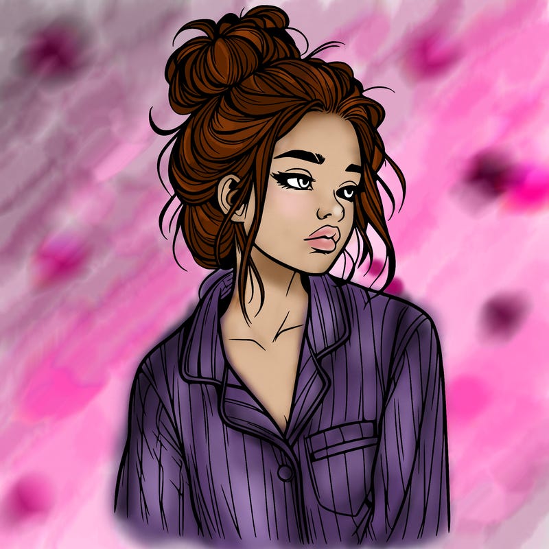 realistic woman with pajamas on and a messy bun